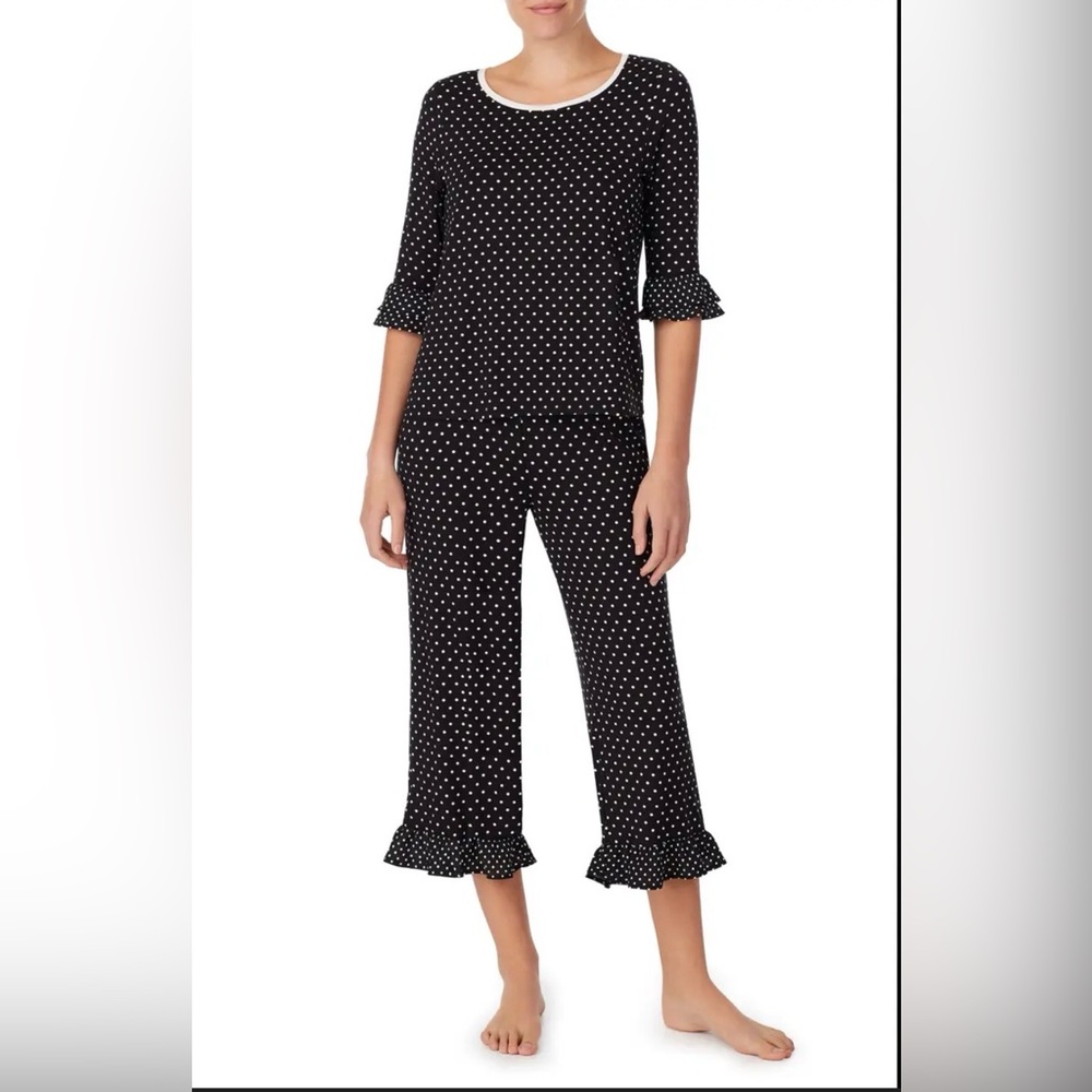 Kate Spade New York Polka Dot Jersey Crop Pajama Set Sz S Loungewear Comfy Soft